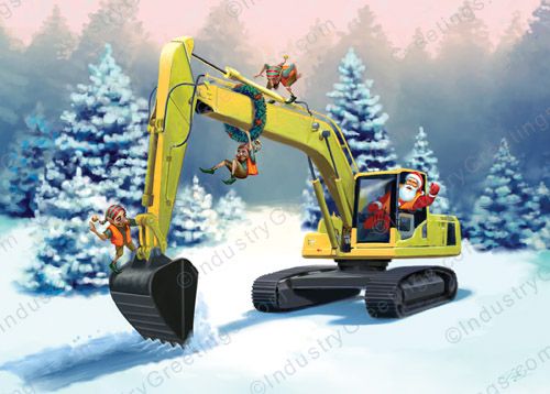 Playful Elves Excavator Christmas Card