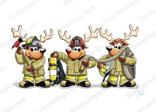 Reindeer Firemen Holiday Card