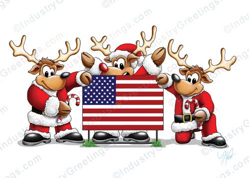 Reindeer US Flag Christmas Card