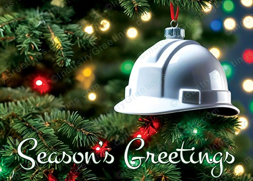 A construction themed holiday card with a hard hat hanging on a Christmas tree branch