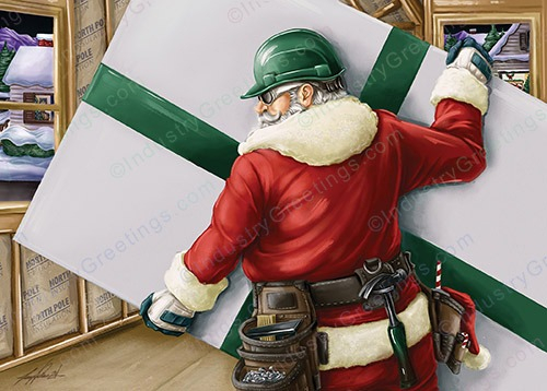 Santa Hangs Drywall Christmas Card