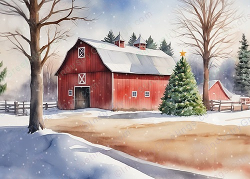 Watercolor Red Barn Christmas Card