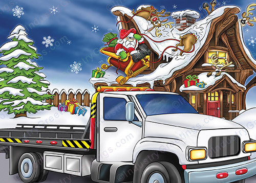 Flat Bed Tow Truck Christmas Card