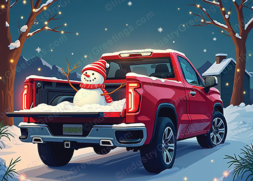 Pickup Truck Snowman Christmas Card