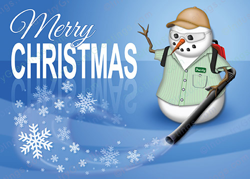 Snowman Leaf Blower Christmas Card