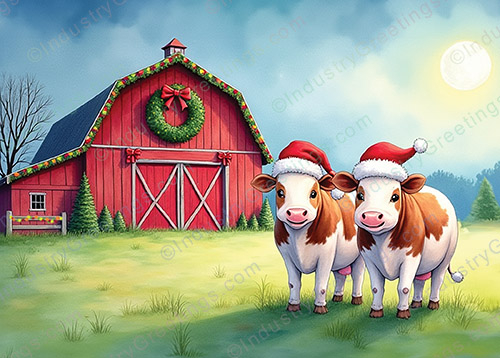 Watercolor Red Barn Christmas Card